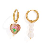 Boucles d'oreilles asymétriques, avec perle d'eau douce cultivée & chalumeau, coeur, bijoux de mode & pour femme, 19x38mm,19x42mm, Vendu par paire