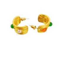 Boucles d'oreilles en pierres précieuses, laiton, avec pierre gemme, Plaqué d'or 18K, pour femme, 12.90x19.20mm, Vendu par paire
