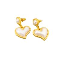 Boucles d'oreilles pendantes en laiton, avec perle de plastique, coeur, Plaqué d'or 18K, pour femme, 18x27mm, Vendu par paire