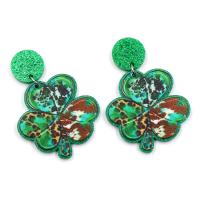 Boucle d'oreille bijoux acrylique, Trèfle à quatre feuilles, bijoux de mode & pour femme, vert, 34x35mm, Vendu par paire