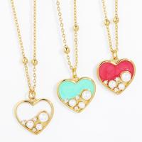Brass Necklace, with Cubic Zirconia & Plastic Pearl, with 5cm extender chain, Heart, 18K gold plated, for woman & enamel, more colors for choice, nickel, lead & cadmium free, 20x20mm, Length:Approx 45 cm, Sold By PC