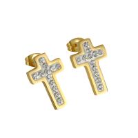Titanium Steel  Earring, Cross, 18K gold plated, fashion jewelry & for woman & with rhinestone, golden, 18.50mm, Sold By Pair