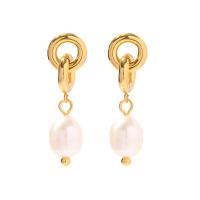 Freshwater Pearl Earrings, 314 Stainless Steel, with Freshwater Pearl, Vacuum Ion Plating, fashion jewelry & for woman, 10x34mm, Sold By Pair