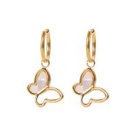 Stainless Steel Drop Earring, 314 Stainless Steel, with White Shell, Butterfly, Vacuum Ion Plating, fashion jewelry & for woman, golden, 13x19mm, Sold By Pair