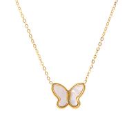 Stainless Steel Jewelry Necklace, 314 Stainless Steel, with White Shell, with 5cm extender chain, Butterfly, Vacuum Ion Plating, fashion jewelry & for woman, golden, 6.70x8.20mm, Length:41 cm, Sold By PC