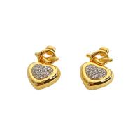 Boucles d'oreilles pendantes en laiton, coeur, Plaqué d'or 18K, pour femme & avec strass, 15x20.50mm, Vendu par paire