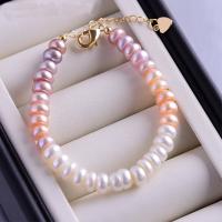 Freshwater Pearl Bracelet, with Brass, with 3-5cm extender chain, gold color plated, fashion jewelry & for woman, multi-colored, 7-8mm, Length:Approx 15-16 cm, Sold By PC