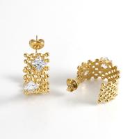Titanium Steel  Earring, 18K gold plated, fashion jewelry & micro pave cubic zirconia & for woman, golden, 11x21mm, Sold By Pair