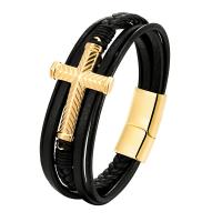 PU Leather Cord Bracelets with 316L Stainless Steel Cross Vacuum Ion Plating multilayer & for man Sold By PC
