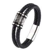 Bracelets cordon PU, cuir PU, avec Acier inoxydable 316, Double couche & longueur différente pour le choix & pour homme, noire, 12mm, Vendu par PC