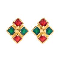 Brass Stud Earring, Square, gold color plated, fashion jewelry & for woman & enamel, nickel, lead & cadmium free, 27.10x31.40mm, Sold By Pair