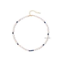 Freshwater Pearl Brass Necklace with Lapis Lazuli & Brass with 6cm extender chain gold color plated fashion jewelry & for woman 6mm Length 38 cm Sold By PC