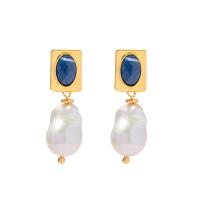 Boucles d'oreilles en perles d'eau douce, perle d'eau douce cultivée, avec Lapis lazuli & laiton, Placage de couleur d'or, bijoux de mode & pour femme, 11.70x43.60mm, Vendu par paire