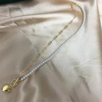 Freshwater Pearl Brass Chain Necklace, Pérolas de água doce, with cobre, cromado de cor dourada, joias de moda & para mulher, branco, 3.5-4mm, comprimento Aprox 17 inchaltura, vendido por PC