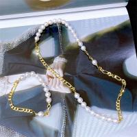 Natürliche kultivierte Süßwasserperlen Schmucksets, Armband & Halskette, mit Messing, goldfarben plattiert, 2 Stück & Modeschmuck & für Frau, weiß, Länge:ca. 17 ZollInch, ca. 7.5 ZollInch, verkauft von setzen