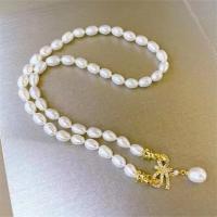 Freshwater Pearl Brass Necklace, with Brass, gold color plated, fashion jewelry & for woman & with rhinestone, white, Length:Approx 17 Inch, Sold By PC