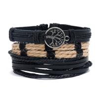 PU Leather Cord Bracelets, with Linen & Wax Cord & Hematite & Wood & Tibetan Style, fashion jewelry & different styles for choice & for man, more colors for choice, Length:Approx 17-18 cm, Sold By PC