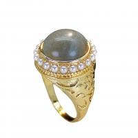 Zinc Alloy Finger Ring with Labradorite & Plastic Pearl plated fashion jewelry & for woman golden nickel lead & cadmium free Sold By PC
