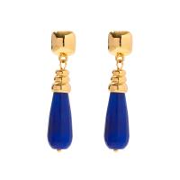 Natural Gemstone Earrings, Brass, with Lapis Lazuli, Teardrop, gold color plated, fashion jewelry & for woman, dark blue, nickel, lead & cadmium free, 10x47.40mm, Sold By Pair
