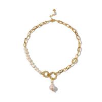 Freshwater Pearl Brass Chain Necklace, cobre, with Pérolas de água doce, cromado de cor dourada, joias de moda & para mulher, dourado, níquel, chumbo e cádmio livre, comprimento 16 inchaltura, vendido por PC