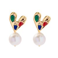 Freshwater Pearl Earrings, Brass, with Freshwater Pearl, Heart, gold color plated, fashion jewelry & for woman & enamel, nickel, lead & cadmium free, 22x44.90mm, Sold By Pair