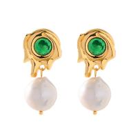 Freshwater Pearl Earrings, Brass, with Cubic Zirconia & Freshwater Pearl, gold color plated, fashion jewelry & for woman, nickel, lead & cadmium free, 17.60x38.40mm, Sold By Pair