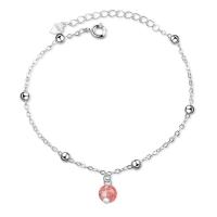 Brass Bracelet & Bangle with Strawberry Quartz with 3.6cm extender chain Round platinum color plated fashion jewelry & for woman platinum color nickel lead & cadmium free 6mm Length 16 cm Sold By PC