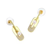 Cubic Zirconia Micro Pave Brass Earring, with Plastic Pearl, plated, micro pave cubic zirconia & for woman, more colors for choice, 8.25x29.50mm, Sold By Pair
