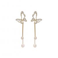 Tibetan Style Drop Earrings, with ABS Plastic Pearl, Butterfly, gold color plated, fashion jewelry & for woman & with rhinestone, golden, 70x22mm, Sold By PC