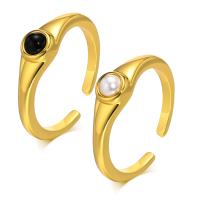 Brass Finger Ring, with Black Agate & Plastic Pearl, Vacuum Ion Plating, fashion jewelry & for woman, golden, nickel, lead & cadmium free, 6.70mm, Sold By PC