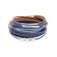 PU Leather Cord Bracelets with Plastic Pearl & Zinc Alloy gold color plated multilayer blue black 15mm Length 39.5 cm Sold By PC