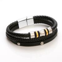 PU Leather Cord Bracelets, with 316L Stainless Steel & Tibetan Style, Vacuum Ion Plating, multilayer & for man, black, Length:21 cm, Sold By PC