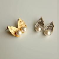 Zinc Alloy Stud Earring with Plastic Pearl Leaf plated fashion jewelry & for woman nickel lead & cadmium free Sold By Pair
