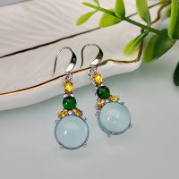 Natural Gemstone Earrings, Tibetan Style, with Emerald & Moonstone, platinum plated, fashion jewelry & for woman & with rhinestone, nickel, lead & cadmium free, 45x12mm, Sold By Pair