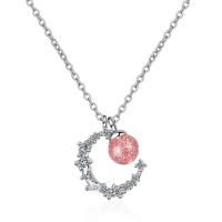 Brass Necklace, with Strawberry Quartz, with 3.5cm extender chain, Moon, platinum color plated, fashion jewelry & for woman, nickel, lead & cadmium free, 14mm,6mm, Length:40 cm, Sold By PC