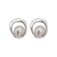Brass Stud Earring, with Plastic Pearl, silver color plated, fashion jewelry & for woman, nickel, lead & cadmium free, 11x10mm, Sold By Pair