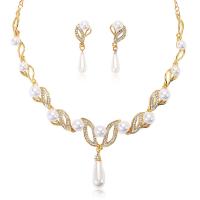 Zinc Alloy Jewelry Sets Stud Earring & necklace with Plastic Pearl with 1.97inch extender chain gold color plated 2 pieces & fashion jewelry & for woman & with rhinestone nickel lead & cadmium free Length Approx 16.93 Inch Sold By Set