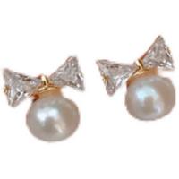 Boucles d'oreilles en laiton zircon cubique pavent, avec Plastique ABS perle, Noeud papillon, Placage de couleur d'or, bijoux de mode & pavé de micro zircon & pour femme, blanc, 8x4mm, Vendu par paire