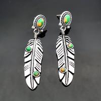Turquoise Earring, Tibetan Style, with turquoise, Feather, antique silver color plated, fashion jewelry & for woman, nickel, lead & cadmium free, 13.50x58.50mm, Sold By Pair