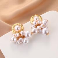 Tibetan Style Drop Earrings, with Plastic Pearl, gold color plated, fashion jewelry & for woman, golden, nickel, lead & cadmium free, 34x37mm, Sold By Pair