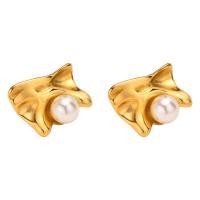 Stainless Steel Stud Earrings, 304 Stainless Steel, with Plastic Pearl, Vacuum Ion Plating, fashion jewelry & for woman, golden, 16.50x12.20mm, Sold By Pair