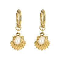 Stainless Steel Drop Earring 304 Stainless Steel with Freshwater Pearl Shell 18K gold plated fashion jewelry & for woman 35mm Sold By Lot
