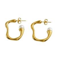 Stainless Steel Stud Earrings, 304 Stainless Steel, with Glass Pearl, Geometrical Pattern, 18K gold plated, fashion jewelry & for woman, 26mm, 5Pairs/Lot, Sold By Lot