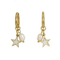 Stainless Steel Drop Earring, 304 Stainless Steel, with White Shell & Plastic Pearl, 18K gold plated, fashion jewelry & for woman, more colors for choice, 31mm, 5Pairs/Lot, Sold By Lot