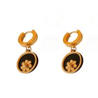 Boucle d'oreille Acier Titane, Rond, Plaqué d'or, avec le motif de fleurs & pour femme, 15x32mm, 5pairescouple/lot, Vendu par lot