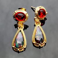 Natural Gemstone Earrings, Tibetan Style, with Opal & Ruby, plated, fashion jewelry & for woman, nickel, lead & cadmium free, 13x37mm, Sold By Pair