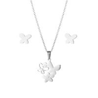 Fashion Stainless Steel Jewelry Sets, Stud Earring & necklace, 304 Stainless Steel, Butterfly, 2 pieces & fashion jewelry & for woman, silver color, Length:Approx 17.72 Inch, Sold By Set