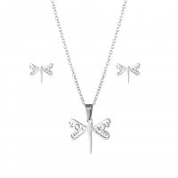 Fashion Stainless Steel Jewelry Sets, Stud Earring & necklace, 304 Stainless Steel, Dragonfly, 2 pieces & fashion jewelry & for woman, silver color, Length:Approx 17.72 Inch, Sold By Set