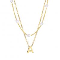 Mode-Multi-Layer-Halskette, 304 Edelstahl, mit Kunststoff Perlen, mit Verlängerungskettchen von 5cm, Alphabet-Buchstabe, Doppelschicht & Buchstaben sind von A bis Z, goldfarben, Länge:45 cm, 38 cm, verkauft von PC