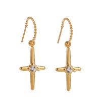 Stainless Steel Drop Earring 304 Stainless Steel Cross Vacuum Ion Plating fashion jewelry & for woman & with rhinestone golden Sold By Pair